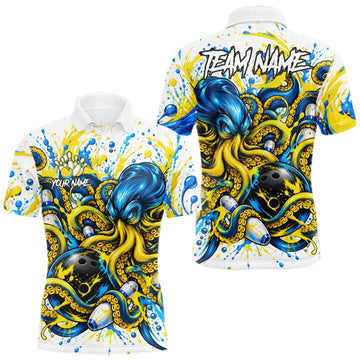 Maxcorners Blue Yellow Octopus Men Bowling Shirt Custom Name Paint Splatter Polo 1/4-Zip Bowling League Tournament LM2709