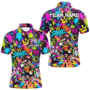 Maxcorners Funny Bowling Polo 1/4-Zip Shirt For Men Personalized Hip Hop Bulldog Graffiti Bowling Team League LM2709