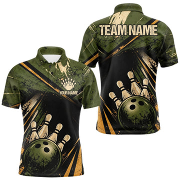 Maxcorners Green And Yellow Grunge Bowling Polo 1/4-Zip For Men Custom Bowling Team Jersey Bowling League LM2709