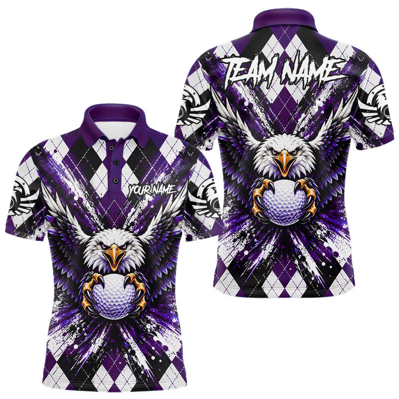 Maxcorners Purple Argyle Eagle Golf Polo Shirt For Men Custom Grunge Argyle Golf Team Tournament Apparel