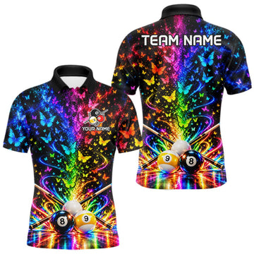 Maxcorners Custom 8 Ball Billiard Polo 1/4-Zip Shirt For Men Neon Butterfly Pool Jersey Billiard League Shirt LM0410