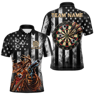 Maxcorners Funny Deer Cowboy Darts Polo 1/4-Zip Shirt For Men Custom Patriotic Darts Tournament Jersey