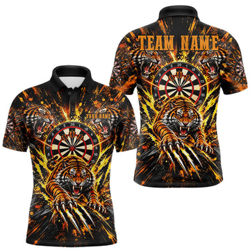 Maxcorners Personalized Horror Tiger Darts Polo 1/4-Zip Shirt For Men Custom Orange Splatter Darts Team Jersey