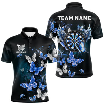 Maxcorners Custom Blue Butterfly Dart Polo & 1/4-Zip Shirt For Men Darts Team Shirt With Butterflies