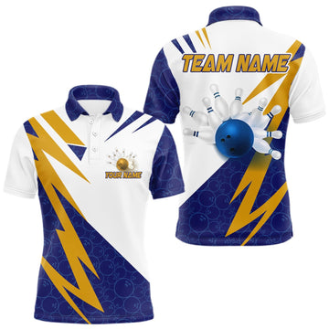 Maxcorners Blue And Yellow Bowling Polo Quarter Zip Shirt For Men Custom Lightning Team Bowling Jerseys LM0409