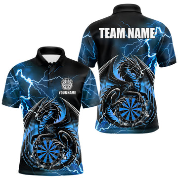 Maxcorners Personalized Men Dragon Dart Polo 1/4-Zip Shirt Custom Name Team Thunder Dragon Dart Jersey | Blue