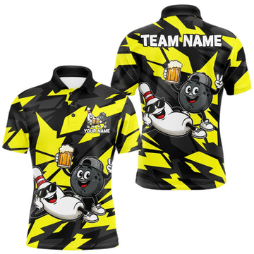 Maxcorners Funny Bowling Pins & Ball Bowling Jersey For Men Custom Cheer Beer Bowling Team Shirts| Yellow LM0409