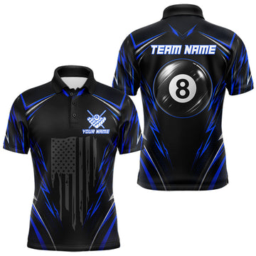 Maxcorners Custom Black And Blue US Flag Patriotic Billiard Shirts For Men, Light 8 Ball Pool Billiard Jersey