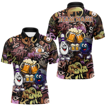 Maxcorners Yellow & Purple Graffiti Custom Funny Bowling Polo 1/4-Zip Shirts For Men Cheer Beer Bowling Team Jersey LM0409