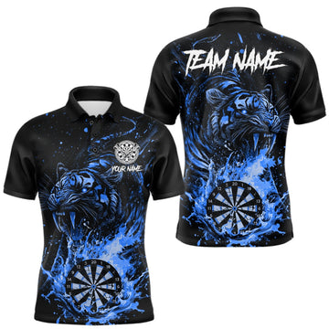 Maxcorners Custom Blue Horror Tiger Grunge Men Darts Polo 1/4-Zip League Shirts Splatter Dart Team Jerseys LM0410