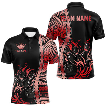 Maxcorners Custom Black And Red Flame Tribal Pattern Bowling Team Polo 1/4-Zip Shirts For Men, Bowling Jerseys LM0208