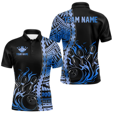 Maxcorners Custom Black And Blue Flame Tribal Pattern Bowling Team Polo 1/4-Zip Shirts For Men, Bowling Jerseys LM0208