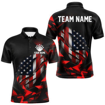 Maxcorners Custom Red And Black Geometric Bowling Shirt For Men US Flag Patriotic Bowling Tournament Jersey LM0410
