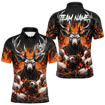 Maxcorners Orange Splatter Bowling Shirt For Men Deer Bowling Jersey Personalized Name Bowling Tournament Shirt LM0410