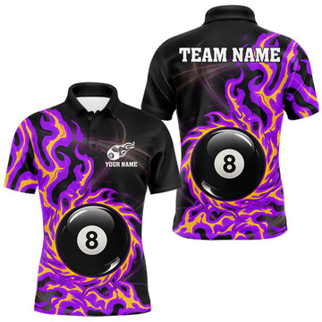 Maxcorners Purple & Yellow Flame 8 Ball Billiard Polo 1/4-Zip Shirt For Men Custom Flame Pool Team Jersey LM0208