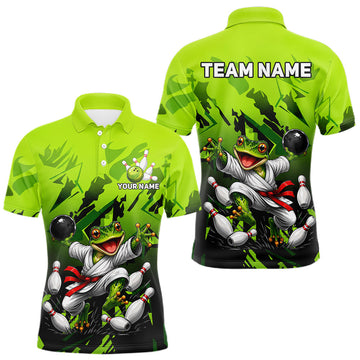 Maxcorners Funny Frog Bowling Ball And Pins Shirt For Men Custom Green Polo Quarter-Zip Bowling Team Attire