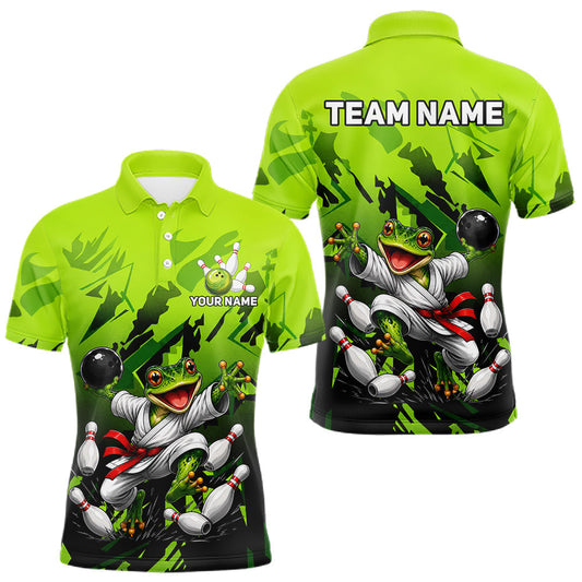 Maxcorners Funny Frog Bowling Ball And Pins Shirt For Men Custom Green Polo Quarter-Zip Bowling Team Attire