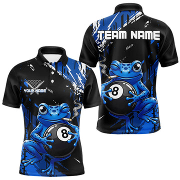 Maxcorners Custom Funny Frog 8 Ball Billiard Team Jersey Polo & Quarter-Zip Billiard Shirt For Men | Blue