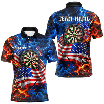 Maxcorners Flaming Dartboard US Flag Darts Polo 1/4-Zip Shirt For Men Custom Lightning Darts Tournament Shirt LM0510