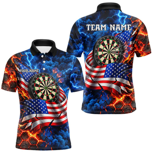 Maxcorners Flaming Dartboard US Flag Darts Polo 1/4-Zip Shirt For Men Custom Lightning Darts Tournament Shirt LM0510
