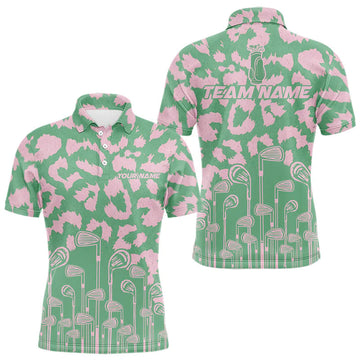 Maxcorners Mens Leopard Pattern Golf Polo Shirts Custom Green Pink Golf Clubs Pattern Attire, Golf Upf Shirts LM0404