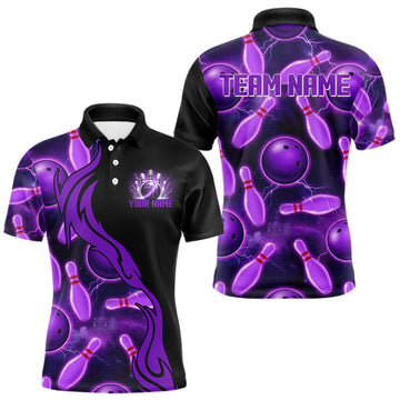 Maxcorners Purple Thunder Custom Mens Bowling Ball & Pin Shirts, Bowling Team Jerseys For Bowlers