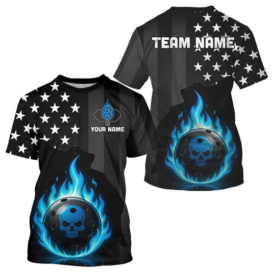 Maxcorners Custom Blue Flames Pickleball Ball 3D League Jerseys Men Pickleball US Flag Team Shirts