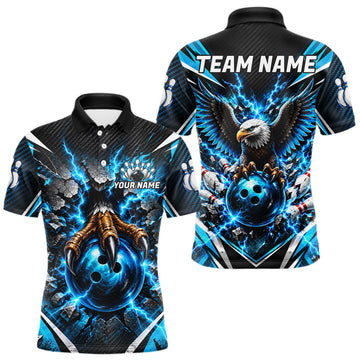 Maxcorners Personalized Eagle Bowling Ball Polo 1/4-Zip Shirt For Men Thunder Blue Lightning Bowling Team Jersey