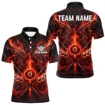 Maxcorners Personalized Flame Cracked 8 Ball Pool Polo Shirt For Men Custom Fire Wings Retro Billiard Team Shirt