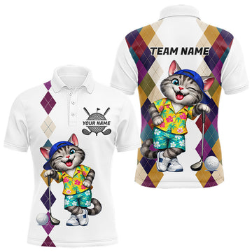 Maxcorners Mens Colorful Argyle Golf Shirts Custom Cat Golfer Clothing Golf Polo Jersey, Best Golf Gifts LM1104