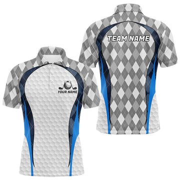 Maxcorners Blue And Grey Argyle Polo Golf Shirts For Men Custom White Ball Golf Team Attire For Golfers LM1104