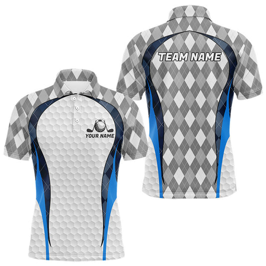 Maxcorners Blue And Grey Argyle Polo Golf Shirts For Men Custom White Ball Golf Team Attire For Golfers LM1104