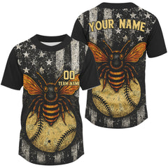 Maxcorners Custom Black-White US Flag Bee Grunge Baseball Shirt For Men Patriotic Baseball Jersey LM1109