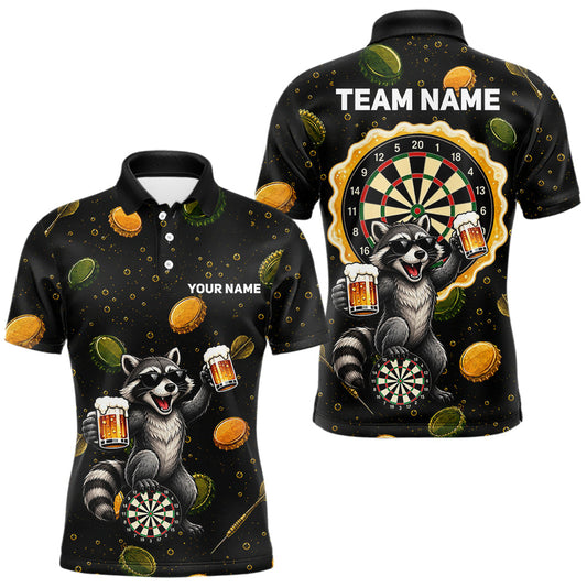 Maxcorners Beer And Raccoon Darts Custom Funny Mens Dart Polo Quarter-Zip Shirt Dart Uniforms Team Jersey LM1406
