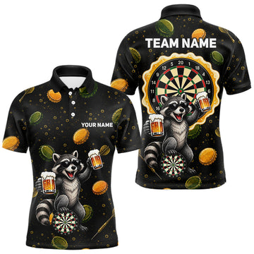 Maxcorners Beer And Raccoon Darts Custom Funny Mens Dart Polo Quarter-Zip Shirt Dart Uniforms Team Jersey
