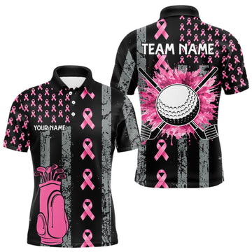 Maxcorners Custom Black Grunge US Flag Pink Ribbon Golf Polo Shirts For Men Breast Cancer Golf Shirts LM0409