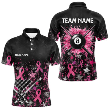 Maxcorners Custom Grunge Star Pink Ribbon Breast Cancer Billiard Shirts For Men Splatter 8 Ball Pool Team Shirts LM0409