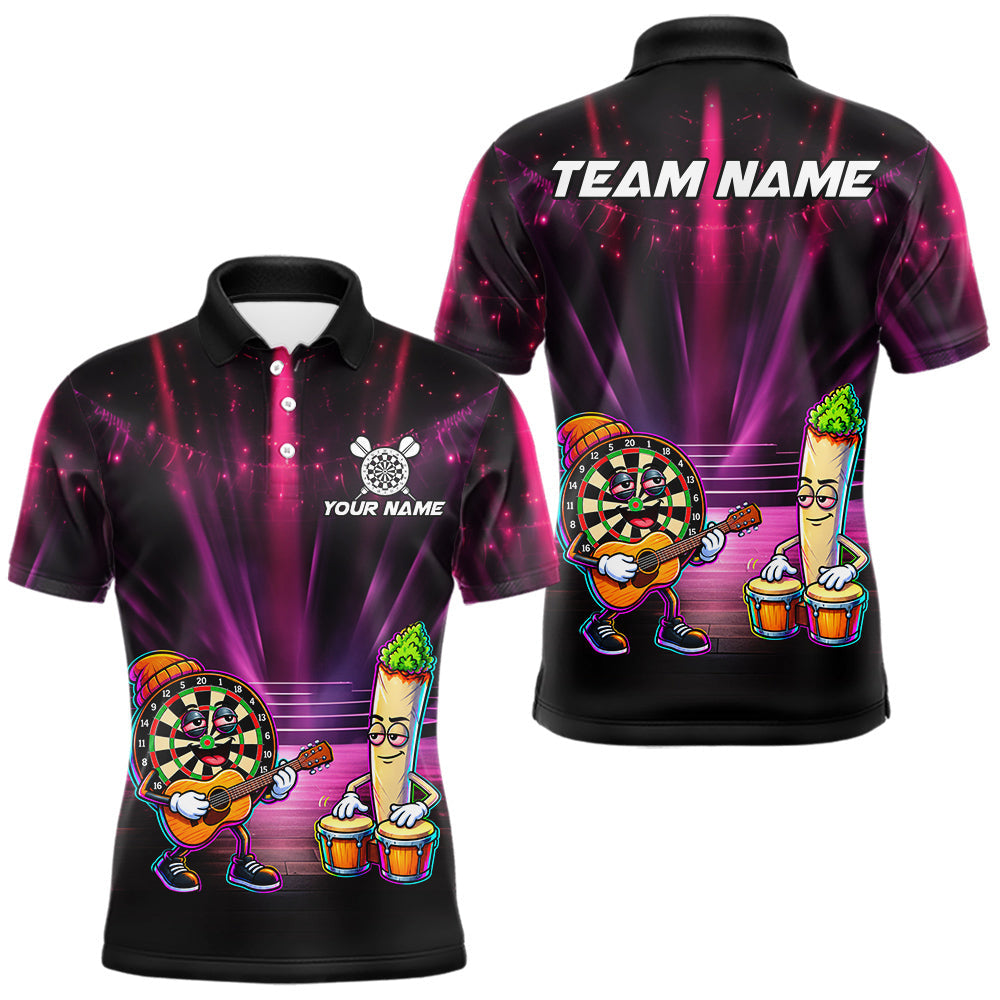 Maxcorners Funny Mens Darts Polo Quarter-Zip Shirt Dartboard Guitar Custom Name Pink Musician Darts Team Uniform