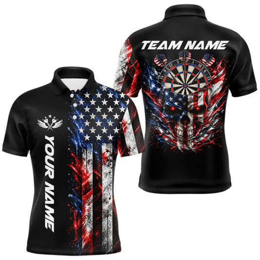 Maxcorners Personalized US Flag Skull Darts Polo 1/4-Zip Shirt For Men Patriotic Darts Team Uniform Jersey LM1910