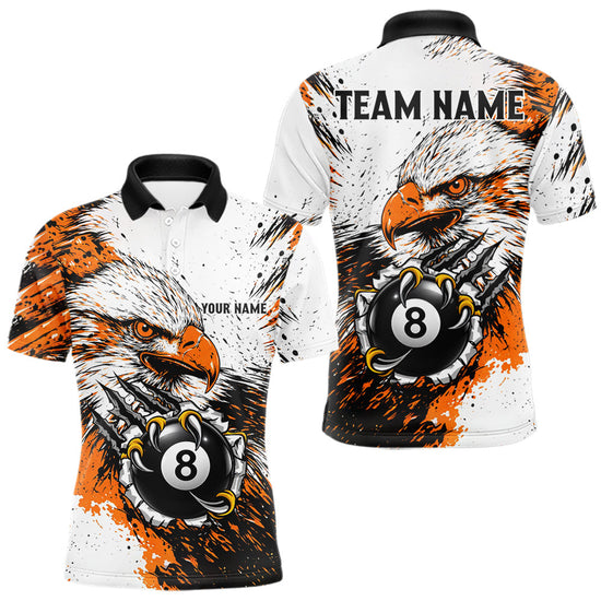 Maxcorners Orange Splatter Eagle 8 Ball Pool Polo Shirt For Men Custom Billiard League Team Jersey With Name