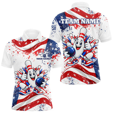 Maxcorners Funny Patriotic Bowling Polo 1/4-Zip Shirt For Men Custom Splatter US Flag Bowling Tournament Jersey