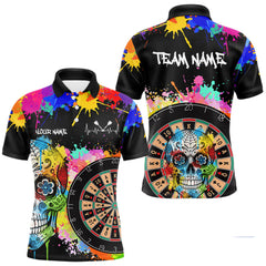 Maxcorners Custom Colorful Splatter Skull Dartboard Men Darts Polo Team Shirts Dart Jerseys | Black LM1812