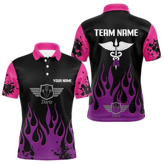Maxcorners Purple Flaming & Wings Dart Arrow Men's Pink Darts Shirt - Custom Name For Players