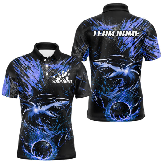 Maxcorners Black And Blue Flames Shark Bowling Polo 1/4 Zip Shirt For Men Custom Shark Bowling Team Jersey LM1508