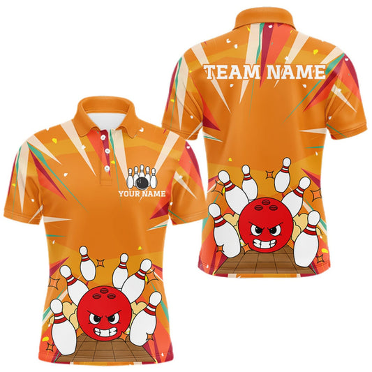 Maxcorners Orange Strike Angry Bowling Ball Bowling Polo 1/4 Zip Shirt For Men Custom Bowling Team Jersey LM1508
