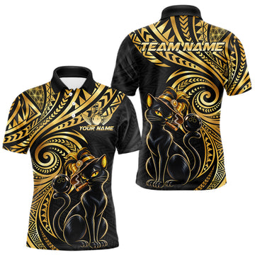 Maxcorners Slay Cat Bowling Polo Quarter-Zip Shirt For Men Custom Black And Gold Tribal Bowling Team Jersey