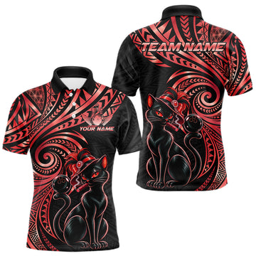 Maxcorners Slay Cat Bowling Polo Quarter-Zip Shirt For Men Custom Black And Red Tribal Bowling Team Jersey
