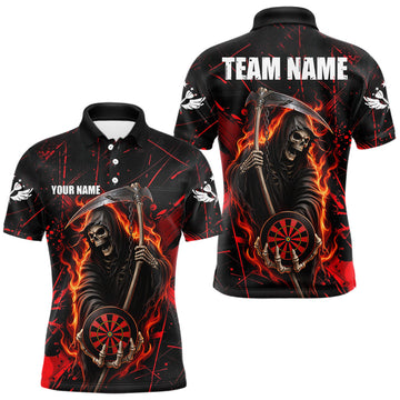 Maxcorners Fire Flame Red Grim Reaper Darts Polo & 1/4-Zip Shirt Custom Red Grunge Dart Jersey For Men LM1005