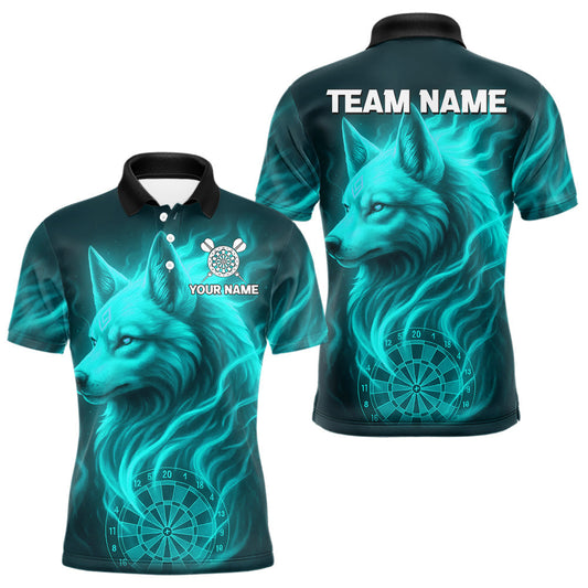 Maxcorners Turquoise Flaming Wolf Dartboard Darts Shirt For Men - Custom Team Jersey For Players LM1008