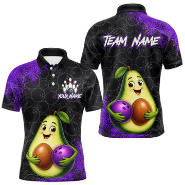 Maxcorners Purple Grunge Bowling Ball Pattern Jersey Custom Funny Avocado Bowling Polo 1/4-Zip Shirt For Men